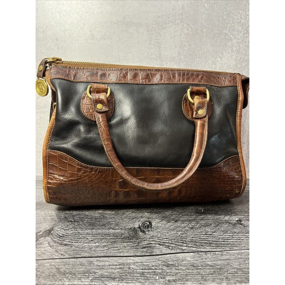 BRAHMIN HANDBAG BLACK  PURSE WITH  BROWN  CROCODILE ALLIGATOR AND GOLD  ACCENTS - Picture 1 of 13